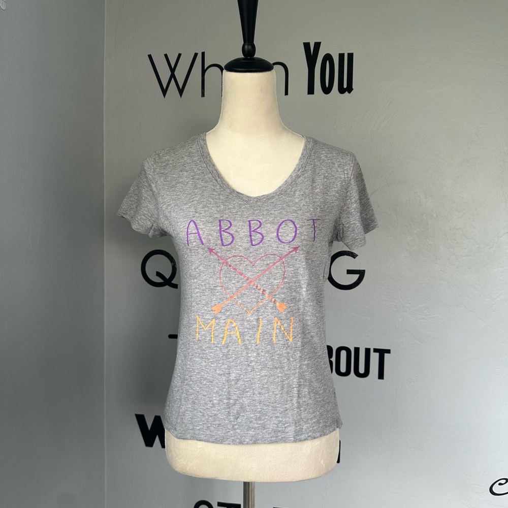 Abbot & Main Ladies Short Sleeve V-Neck Graphic Tee (Small, Heather Grey)